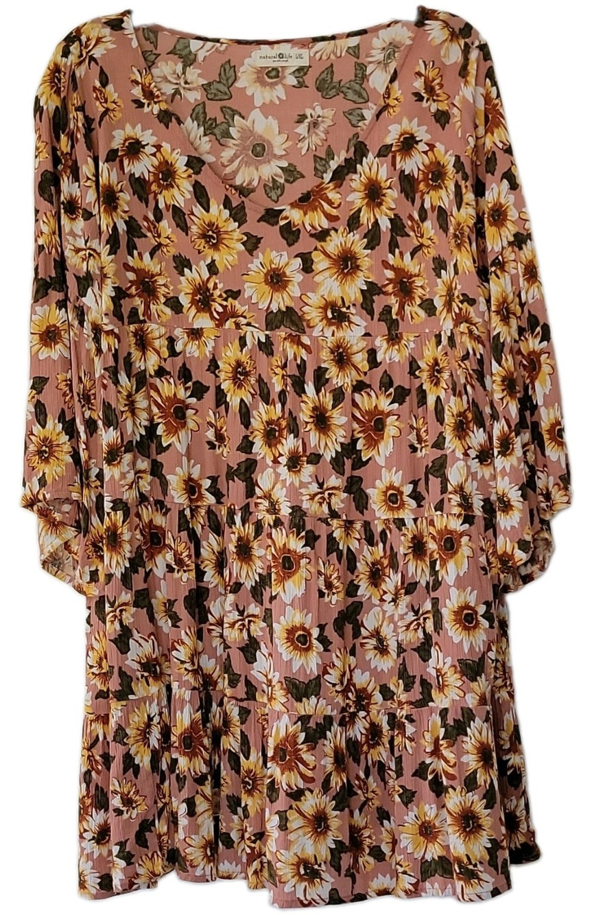 Natural Life L/XL Boho Cottagecore Floral Tiered Dress Pink Prairie Bell Sleeve